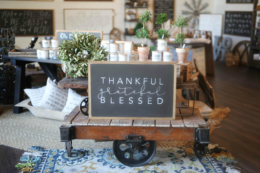 Thankful Grateful Blessed Framed Wood Sign Thanksgiving Decor Fall Decor Kitchen Decor