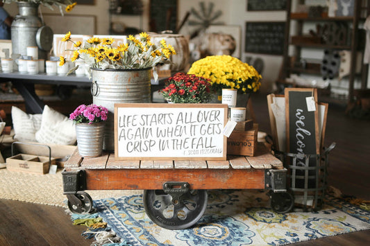 Life Starts All Over When It Gets Crisp In The Fall F. Scott Fitzgerald Framed Wood Sign