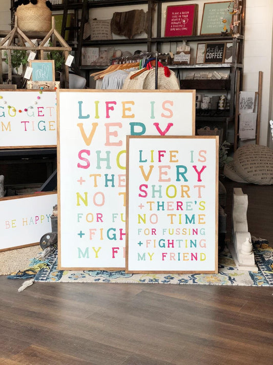 Life Is Very Short No Time For Fussing + Fighting Playroom Decor Framed Wood Sign The Beatles John Lennon Playroom Decor