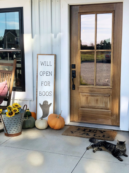 Will Open For Boos Framed Wood Sign Cute Ghost Entry Porch Halloween Fall Decor