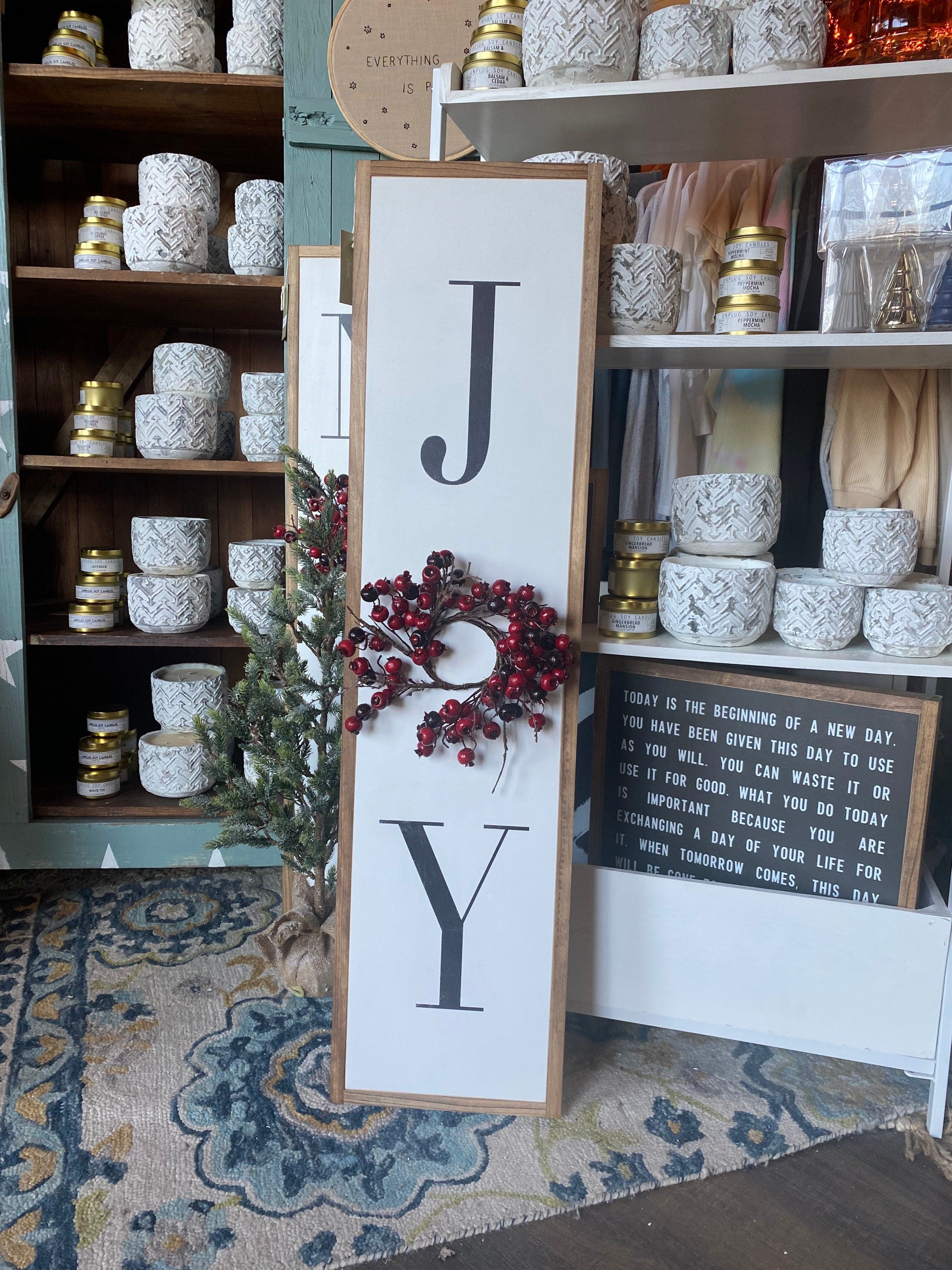 Vertical Joy Wood Sign With Red Berry Wreath Christmas Decor Holiday S ...