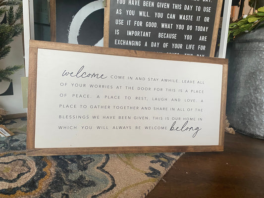 Horizontal Welcome Come In And Stay Awhile This Is Where You Belong Framed Wood Sign