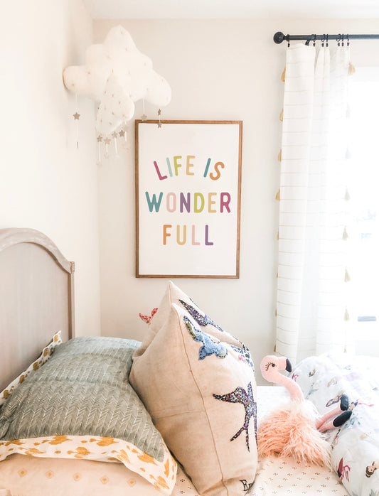 Life Is Wonder Full Playroom Decor Framed Wood Sign, Playroom Decor, Children's Room Decor