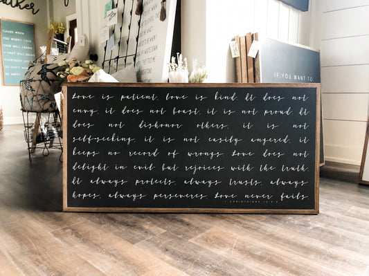 Cursive Love is Patient 1 Corinthians 13:4-8 Horizontal Framed Wood Sign Wedding Shower Gift