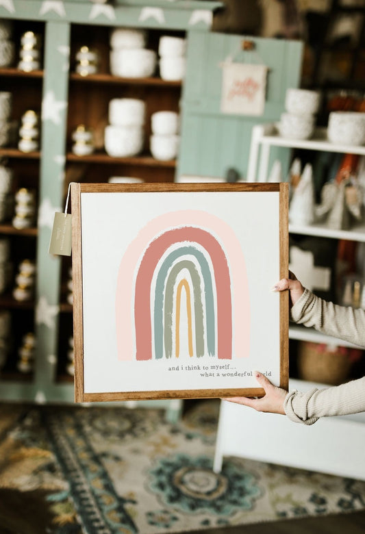 And I Think To Myself..What A Wonderful World Framed Rainbow Wood Sign Kids room decor Living room decor Dining room decor