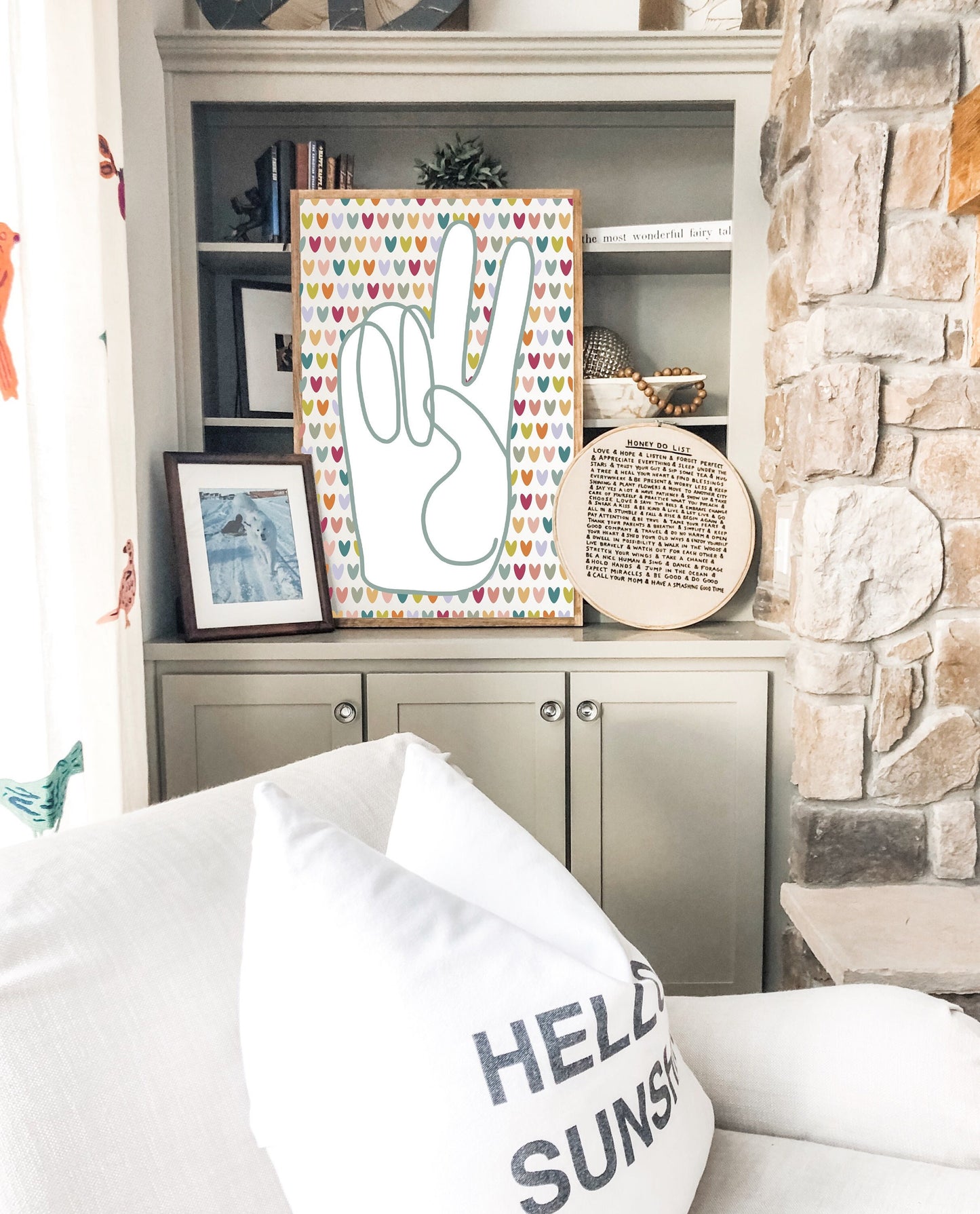 Hand Peace Sign With Hearts Framed Wood Sign