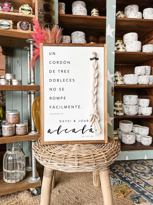Spanish Version A Cord Of Three Strands Is Not Easily Broken Established Framed Wood Sign Wedding Sign Wedding Gift
